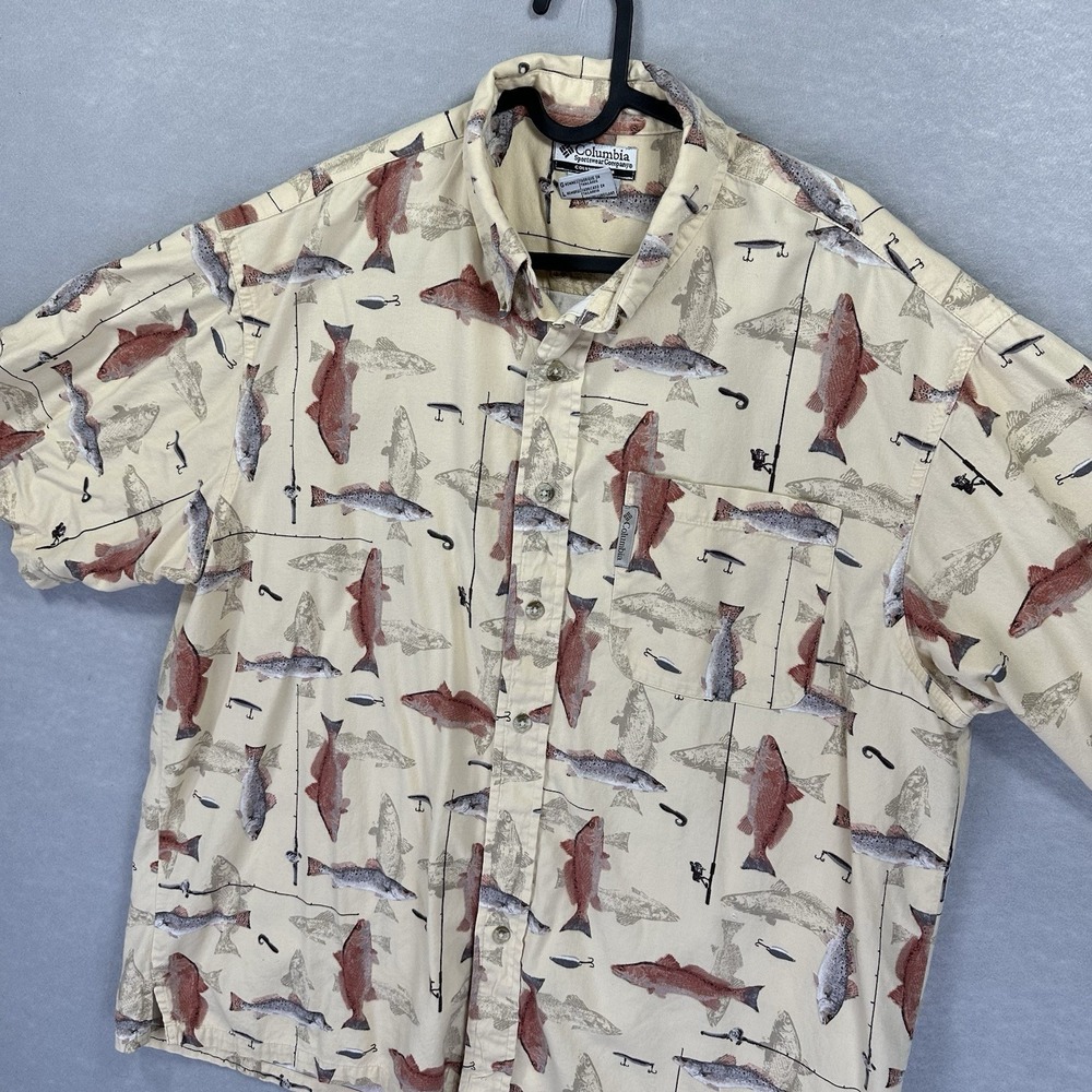 Columbia PFG Fishing Shirt Mens L  AOP Rainbow Trout Short Sleeve‎ Button Up